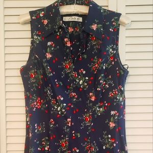 Collared Navy Retro Print Floral Dress Fit & Flare